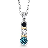 Gem Stone King 925 Silver and 10K Yellow Gold Round London Blue Topaz White Lab Grown Diamond and Black Onyx Pendant Necklace For Women (0.60 Cttw, Gemstone November Birthstone, with 18 Inch Chain)