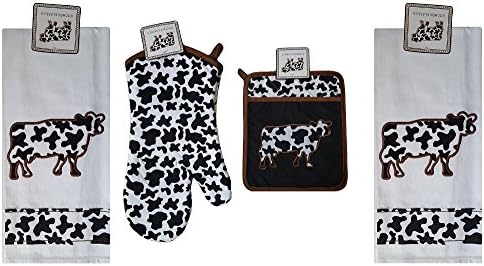 Black and White Dairy Cow Designed Kitchen Linens Bundle of 4 Pieces - 2 Towels, One Oven Mitt and One Oven Glove