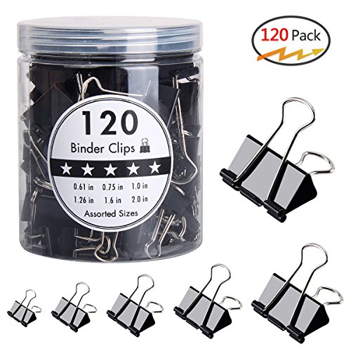 HJSMing 120 PCS Metal Binder Clips,Foldback Clips,Paper Binder Clamp,for Notes Letter Paper Books Home Office School File Paper Organizer Folder Clip Clamp 6 Sizes with Box (Black)