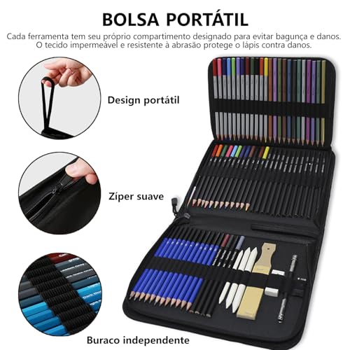 GODREAM Kit Lapis de Desenho Profissional 74 Peças com Estojo Portátil, Lapis de Cor e Grafite Profissional, Sketchbook, Borrachas, Estilete e Acessórios para Artistas e Estudantes Linha Super Premium