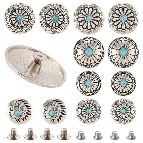 Boutigem 12 Sets Vintage Flower Rivet Studs Flat Round Alloy Turquoise Screw Button for DIY Leather Fabrics Sewing Crafts Bags Shoes Wallet Decoration