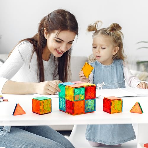 FNJO Magnetic Tiles 100 Pieces - Magnetic Building Blocks, STEM Educational Game for Kids 3+ Years - Boys/Girls Gift (Kindergarten, Nursery)