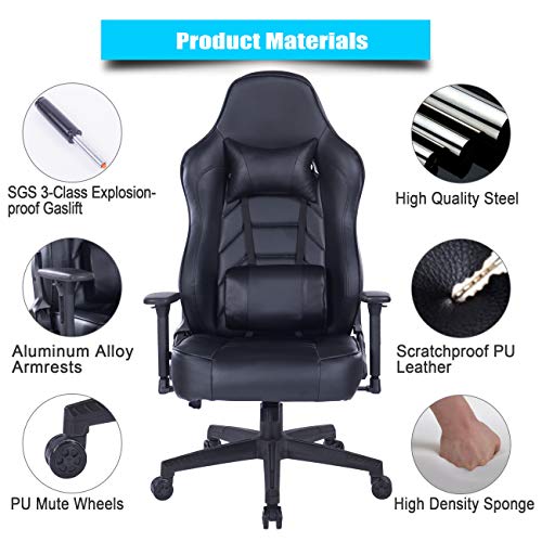 Blue Whale Gaming Chair with Massage Lumbar Pillow, PC Computer Video Game Racing Chair Reclining Executive Ergonomic Office Desk Chair with Headrest BW/291Black