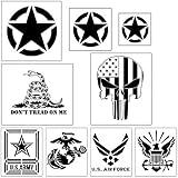 US Military Flag Stencil Templates - 9 Pack US Army Star, Navy, Army, Air Force, Marine Corps, Punisher Skull, Don't Tread On Me Gadsden Flag Stencils, Large Reusable Stencils for Painting on Wood