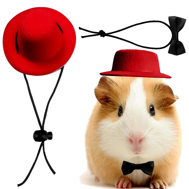 CQJ 2pcs Guinea Pig Clothes Small Animal Bow Tie Pet Hat Costume Set Role Play Cute Pet Hat Bow Tie for Hamster Guinea Pig Rabbit Chinchilla Hedgehog (Red hat + black bow tie)