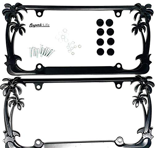 Tropical Palm Tree Chrome Polished License Plate Frame (2 Frames) with Screws Caps by Superb LNF (Black)