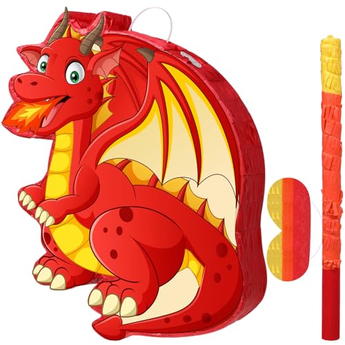 Harrycle Dinosaur Piñata Set Dragon Piñata with Stick and Blindfold Confetti Dino Themed Red Fire Breathing Dragon for Birthday Party Game Supplies Chinese New Year Decoration