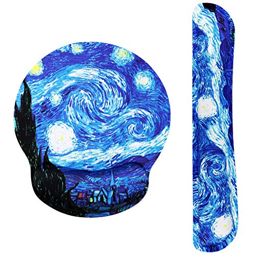 Van Gogh Starry Night Ergonomic Design Mouse Pad with Wrist Rest Hand Support and Keyboard Support. Round Large Mousing Area. Mouse Pad and Keyboard Pad for Laptop, PC Computer & Mac.