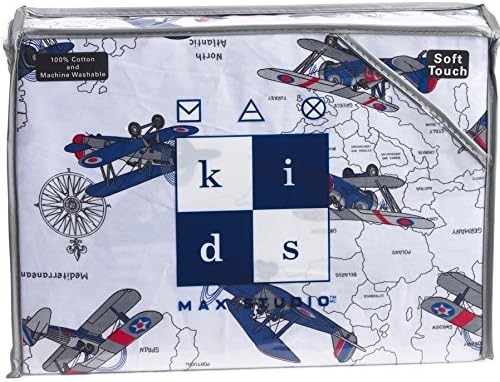 Vintage Airplanes Boys Bedding 100% Cotton Sheet Set Army Biplane Flying Plane World Map Travel Decor Bedroom (Full, Navy)