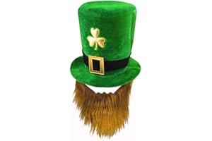 ANIUHL St. Patrick's Day Green Leprechaun Top Hat with Beard Irish Shamrock Velvet Hat