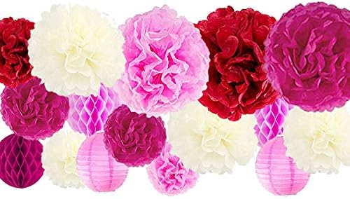 VIDAL CRAFTS 30 Pcs Tissue Paper Pom Poms Kit (14", 10", 8", 6"), Paper Flowers, Paper Lanterns and Honeycomb Balls, for Wedding, Baby Shower, Bachelorette Parties (red, Fuchsia, Pink, Ivory)