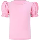 LIONJIE Girls Blouse Ruffle Puff Short Hollow Out Sleeve T-Shirt Round Neck Solid Casual Tops 3-12 Years