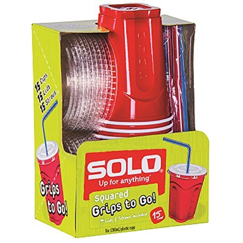 Solo 9 Oz Plastic Cup, Lid, and Straw Combo Pack, 15 Cups (No BPA) (Red)