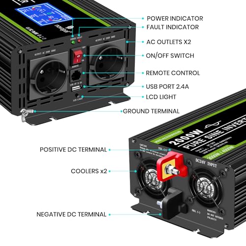 NOVOPAL 2000W Pure Sine Wave Power Inverter DC 24 V to AC 220 V with Intelligent LCD Display, 2 EU Socket with USB Output, 5 Metres Remote Control for Truck Camping Coffee Machine