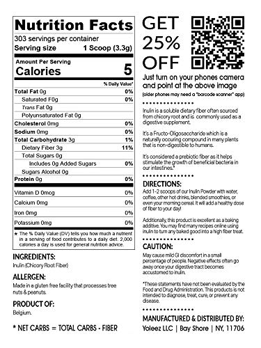 Bulk Inulin Powder (2.2LB) - Natural Chicory Root Fiber | Soluble Prebiotic High Fiber Supplement for Intestinal Support | Non GMO, Gluten Free (Imported from Europe) - Thumbnail 2