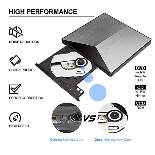 External CD Drive, Snorain USB 3.0 CD/DVD+/-RW Burner Player, Optical Superdrive High Speed Data Transfer for Laptop MacBook Desktop Computer Compatible for Windows10 /8/7/XP/Mac OS (Silver) - Thumbnail 2