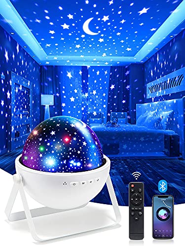 One Fire Night Lights for Kids Room, Bluetooth Music Star Projector Night Light for Kids, Remote Timer Night Light Projector, Moon Starry 360 Rotating Lamp Baby Projector, for Girls
