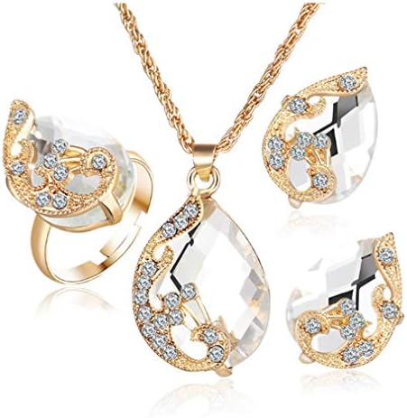 ILJILU Fashion Women Necklace 3 Piece Peacock Rhinestone Necklace Ring Earrings Jewelry Set Fashion Charm Crystal Pendant Gift for Women Lady