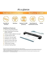 Epson Workforce ES 65WR   Escáner de documentos inalámbrico portátil alimentado con láminas y funciones de contabilidad premium para PC y Mac
