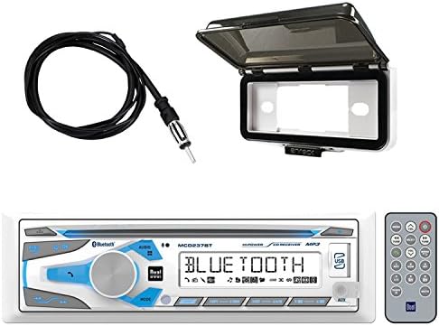 Dual Electronics Single DIN Marine CD AM/FM Bluetooth Receiver W/Enrock Marine Audio Dash Kit Protector Marine Cover-Up UV-Resistant Spring Loaded Tinted Flip Top Door, White &amp; Enrock Marine Antenna