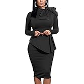 Women's Peplum Bodycon Long Sleeve Wear to Work Dresses Bow Party Club Ruffle Formal Cocktail Pencil Dress