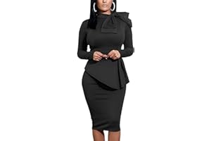 PERZEAL Women's Peplum Bodycon Long Sleeve Wear to Work Dresses Bow Party Club Ruffle Formal Cocktail Pencil Dress