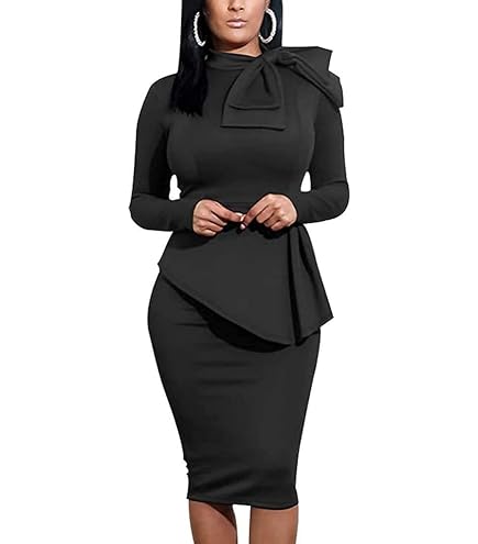 HipGlamp Women's Fashion Peplum Bodycon Dresses Long Sleeve Bow Club Ruffle Pencil Party Dress B Black : Clothing, Shoes & Jewelry