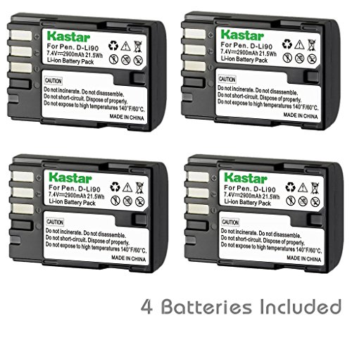 Kastar D-Li90 Battery (4-Pack) work with K-01 K-3 K-5 K-5II K-5IIs K-7 645D 645Z Cameras