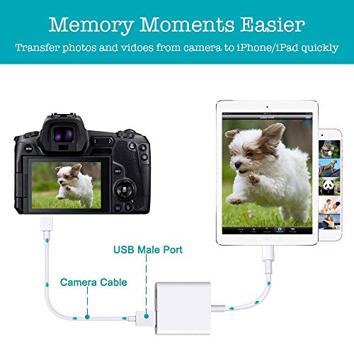 Yomais USB Camera Adapter with Charging Port, USB 3.0 Female OTG Cable Compatible with iPhone 11 Pro X 8 7 iPad, Support iOS 13 and Above, USB Flash Drive, U Disk, Mouse, Keyboard, Upto 500mAh, White