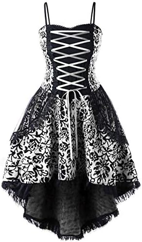 GAMISS Women's Floral Spaghetti Strap Lace Up Vintage Dress Plus Size High Low Layered A-line Corset Dress