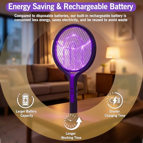 Electric Fly Swatter, Rotating Head Bug Zapper, Dual Modes Mosquito Killer with Purple Mosquito Light Rechargeable for Indoor Home Patio Camp Office, Telescopic Extension
