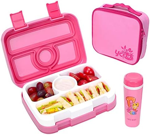 Kids Bento Box Set, BPA Free Microwave & Dishwasher Safe, 4 Compartments Leakproof Lunch Boxes Container with Spoon & Cup & Insulated Lunch Bag, Meal & Snack Packing for school Outdoors (Pink)