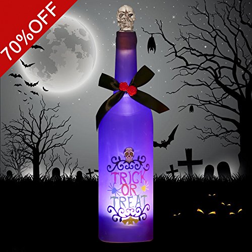 Valery Madelyn Novelty LED Wine Bottle with Ghost Laughter and Spooky Skull Cork for Bar,Party, Home ,Halloween, April Fool’s Day,Gifts for Children,Battery Operated and Touch Activated (Purple