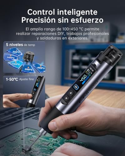 FNIRSI HS-03 Batería Soldador Kit Soldador Inalámbrico con Batería de 2600 mAh, 100-450 °C, calentamiento rápido 3s, 5 niveles de temperatura, pantalla IPS de 0,96 pulgadas, soldador portátil para