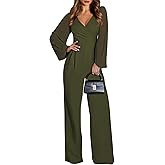 Pink Queen Jumpsuits for Women Dressy Patchwork Chiffon Sleeve V Neck Wide Leg Romper Holiday Party Outfits