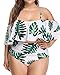 Wavely Plus Size Two Piece Swimsuits for Women Off Shoulder Ruched High Waisted Bikini Swimwear White Leaves XL