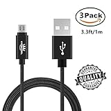KingCool Micro USB Charge Cable 3 Pack 3.3 ft/1m Durable Braided Nylon V8 High Speed USB Data Transfer Cable Data Sync USB Charger Cord for Android, Samsung, HTC and More(Black)
