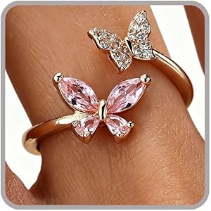 Gold Adjustable Butterfly Rings for Women Dainty Stackable Rings for Women Sparkly Pink Blue Red Green Cubic Zircon Double Bu