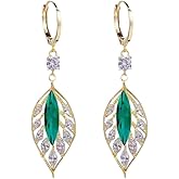 DIAMANTIO 18K Gold Plated Leaf Drop Earrings with Emerald Green Crystal – Statement Elegant Dangle Earrings for Women with Sparkling Cubic Zirconia