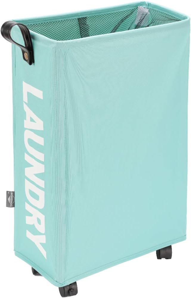 DOKEHOM Slim Laundry Basket with Leather Handle on Wheels (4 Colors), Foldable Corner Storage Bins, Collapsible Rolling Laundry Hamper (Light Blue, Slim)