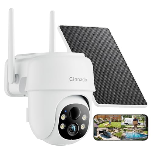 Cinnado Outdoor Surveillance Camera Battery Solar - 2K Wireless Camera Surveillance Outdoor 360° PTZ 2.4 GHz WiFi Outdoor Camera with Solar Panel, PIR Motion Sensor IP65, Colour Night Vision, 2-Way