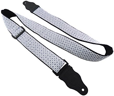 Guitar strap with small ornaments. Flower pattern. Black leather ends for electric, acoustic, bass guitars. Shades of dark blue &amp; white. 00396