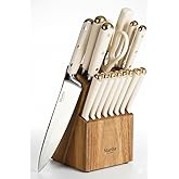 Martha Stewart 16 Piece Lockton High Carbon Stainless Steel Cutlery Kitchen Knife Block Set W/ABS Tripe Riveted Forged Handle Acacia Wood Block - Linen White W/Gold