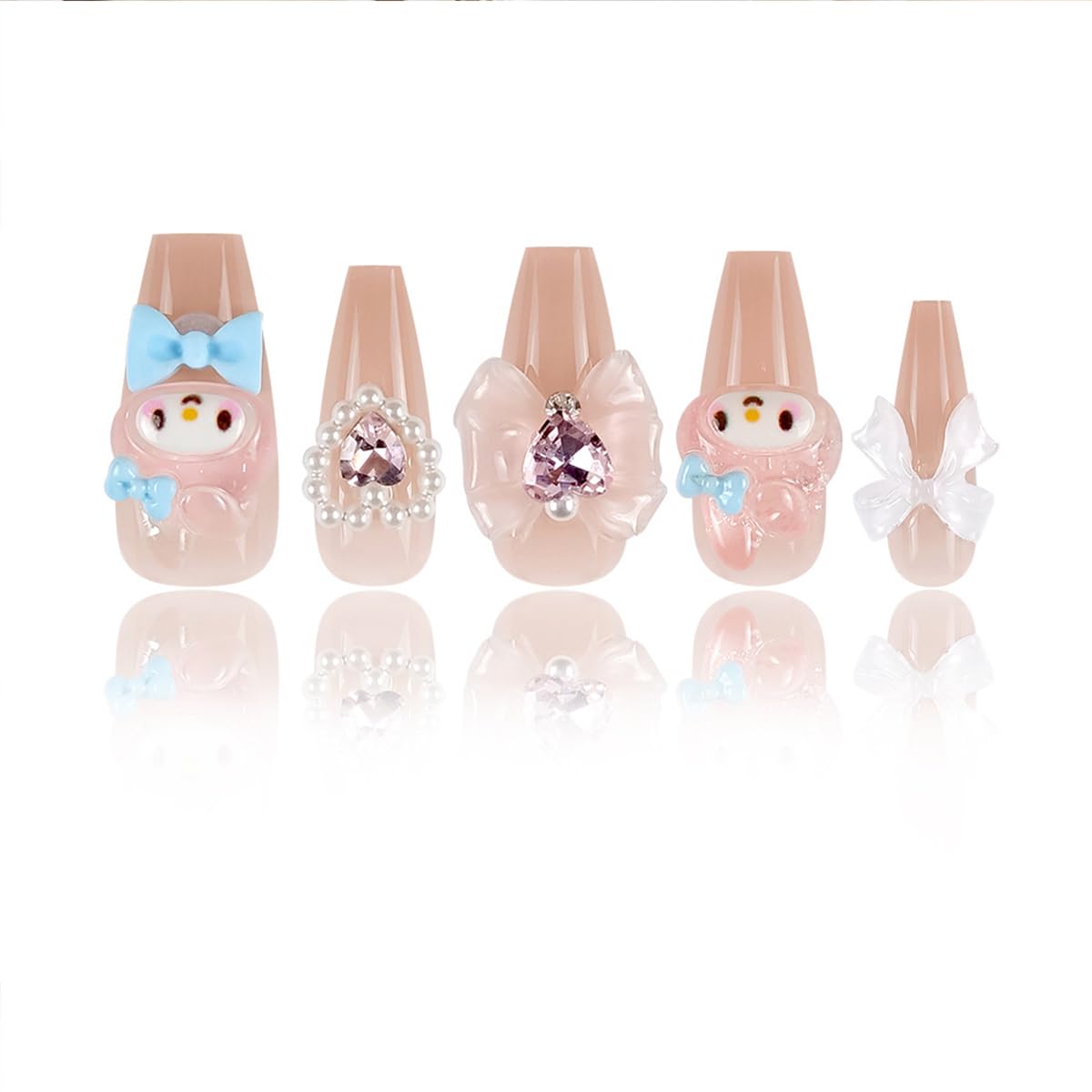 24Pcs Nude Press on Nails Medium Square Fake Nails Glossy Glue on Nails with 3D Kawaii Heart Bow Charms Design French Stick on Nails Cute False Nails Artificial Acrylic Nails for Women Girls Manicure - Image 5