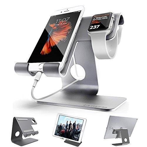 Universal 2 in 1 Cell Phone Tablet Stand,ZVE Aluminium Apple Iwatch Charging Stands Dock Cradle for iWatch (38mm 42mm),iPhone 7 8 X Plus,ipad (Up to 12.9 inch) Space grey