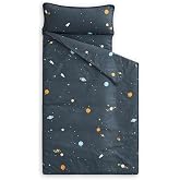 Wake In Cloud - Toddler Nap Mat with Pillow and Blanket, 100% Cotton Fabric, for Kids Boys Ages 3 Plus in Daycare Kindergarten Preschool, Roll Up Sleeping Bag, Galaxy Spaces