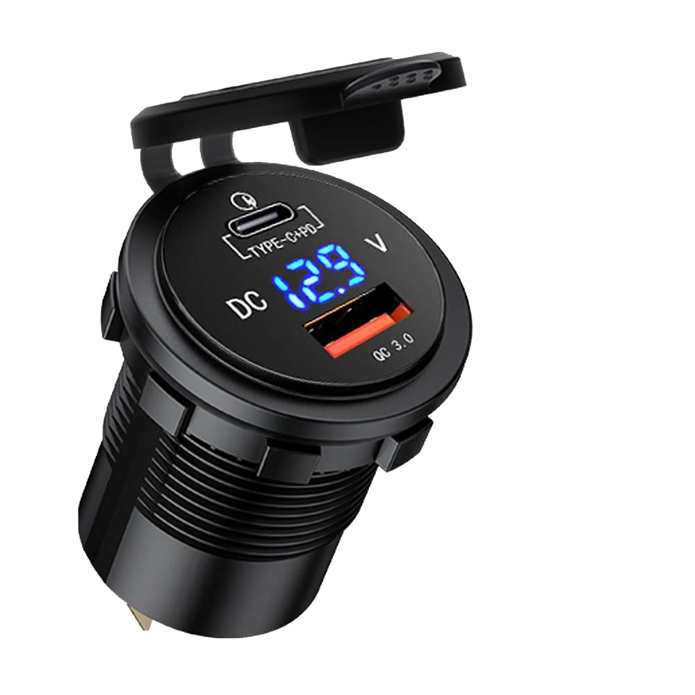 Car Charger Socket 36W Car USB Power Outlet Waterproof Double Car Charger Adapter with LED Voltmeter for Marine, Boat, Motorcycle, RV, ATV, Truck (Orange)
