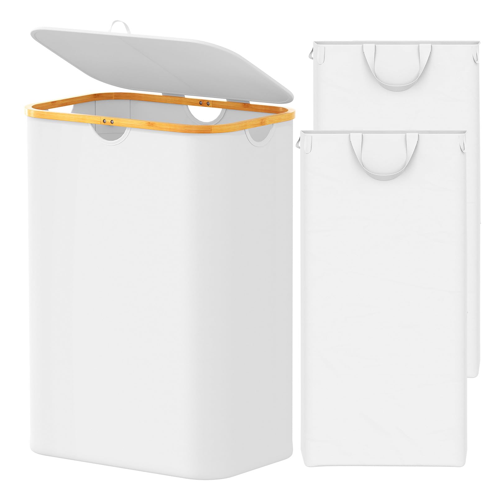 SpaceAid Double Laundry Hamper 2 Section with Lid and Removable Laundry Bags, 160L Clothes Basket with Bamboo Handles, Large Collapsible Hamper for Bedroom, Bathroom, Dorm, Laundry Room - White Image