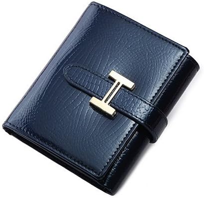Ms. Blue Leather Wallet Europe and Folded Short Paragraph H Buckle Leather Wallet Crocodile Pattern Patent Leather Clutch Purse Small