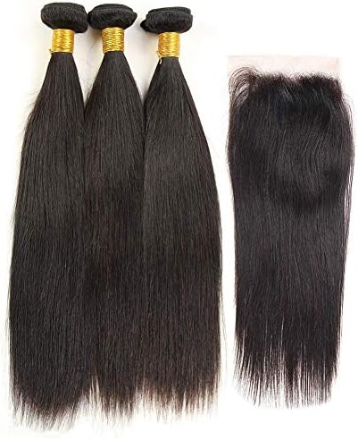 Shimei Brazilian Virgin Hair Straight Hair 3 Bundles With 4x4 Lace Closure Unprocessed Remy Hair Extensions Weave Human Hair Bundles With Closure Natural Black Colour (12 14 16 + 10 Three Part)